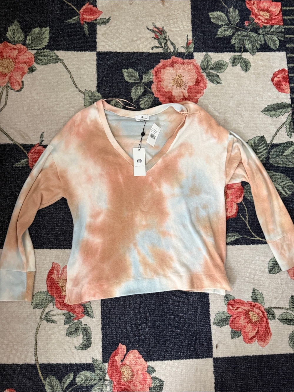 Socialite Peach & Light Blue Tie-Dye V-Neck Long Sleeve Top